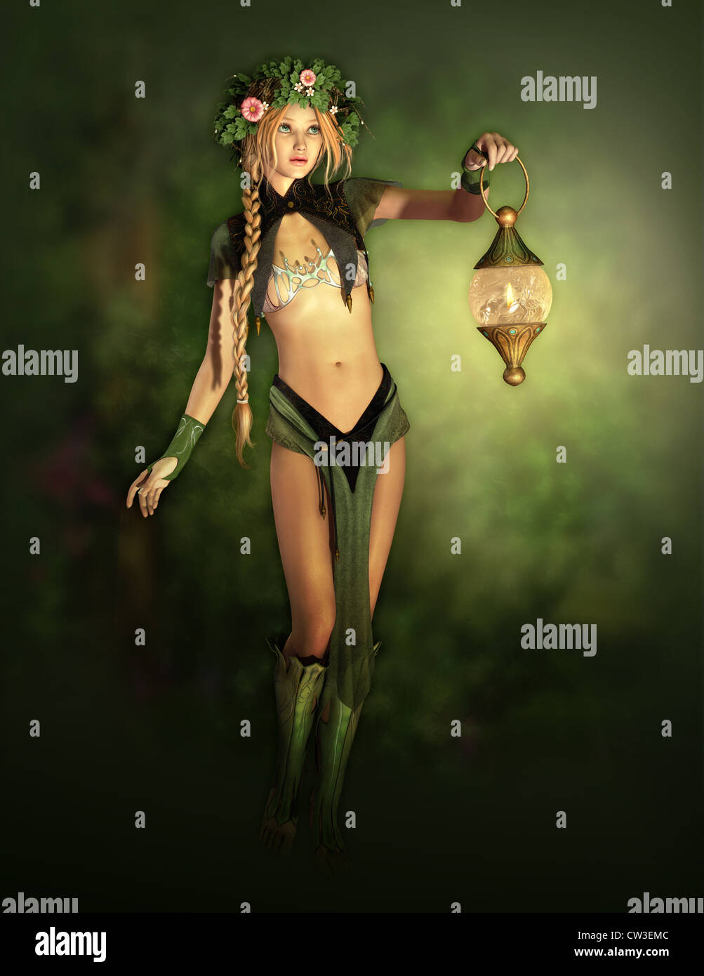 a cute forest fairy with a lantern in her hand Stock Photo