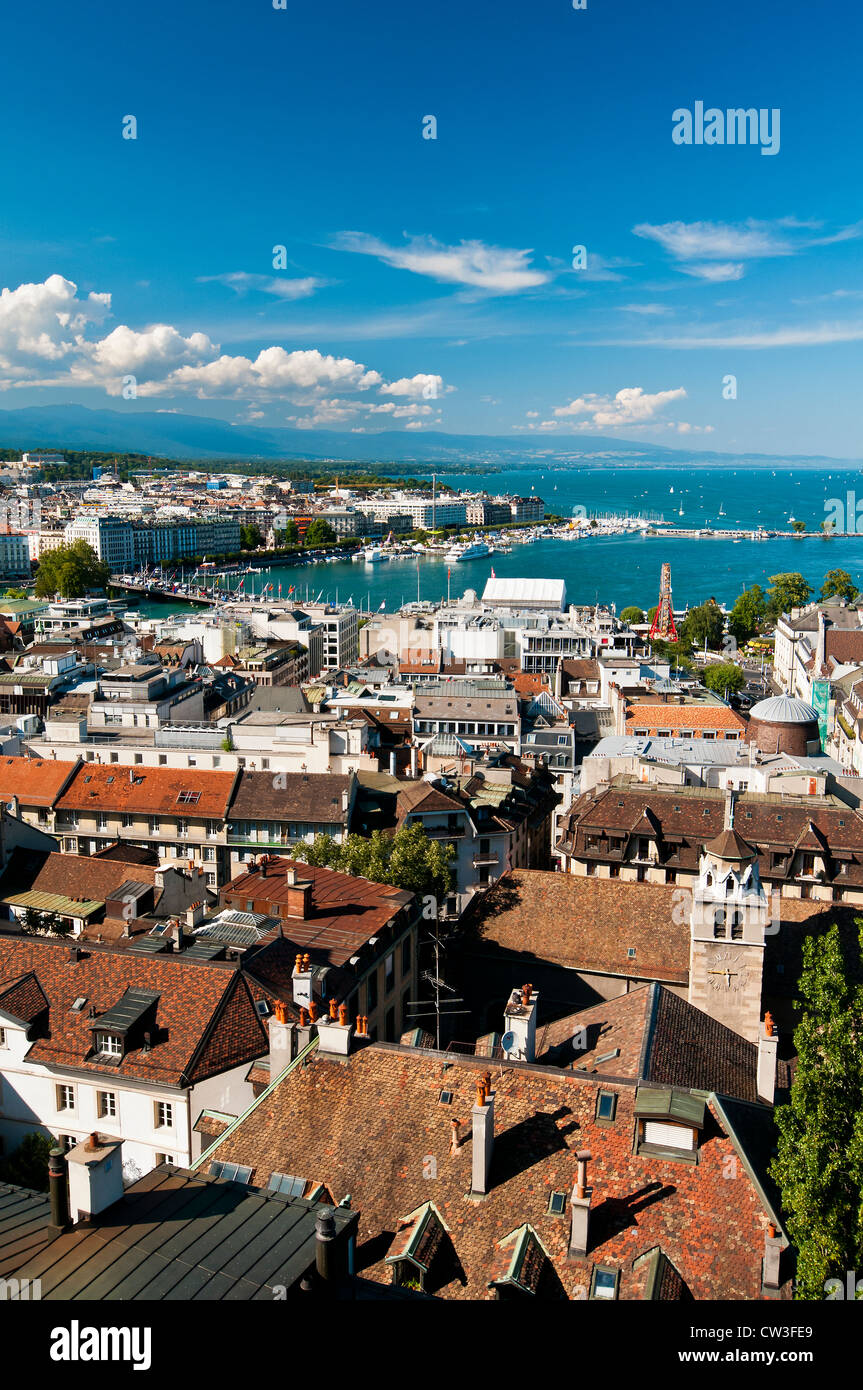 Panoramic view over city rooftops and Lake Geneva, Geneva, Switzerland Stock Photo