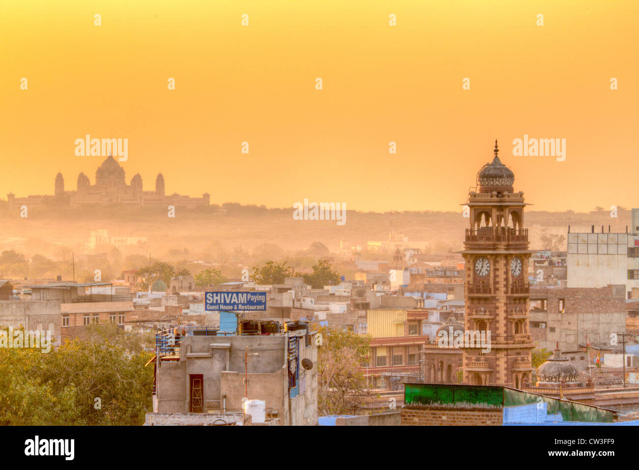 Clock tower and Mosque at dawn in Jodhpur. Stock Photo