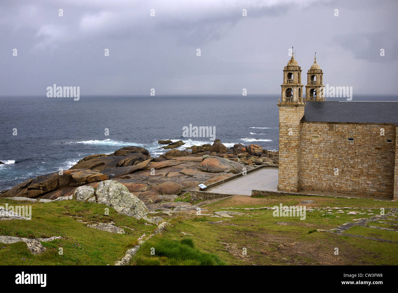 The Church of Santa Maria de Barca in Muxia, Spain. Stock Photo