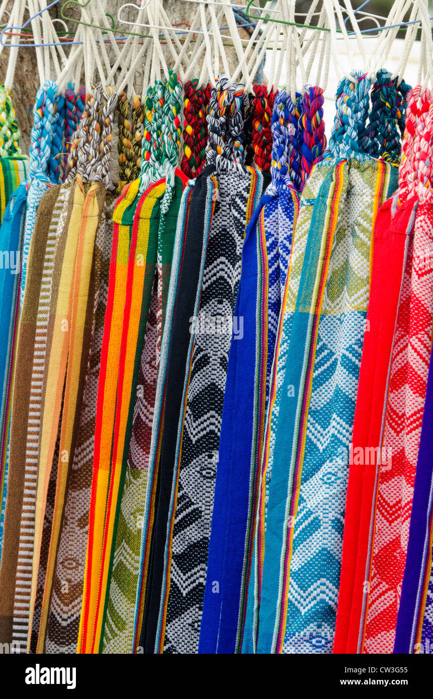 Ecuador, Quito area, Otavalo Handicraft Market. Traditional souvenir textile hammocks. Stock Photo