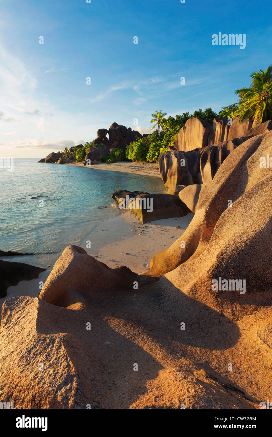 View of granite boulders and coast of La Digue island. Anse Source d' Argent beach. One of the world's most beautiful beaches. Stock Photo