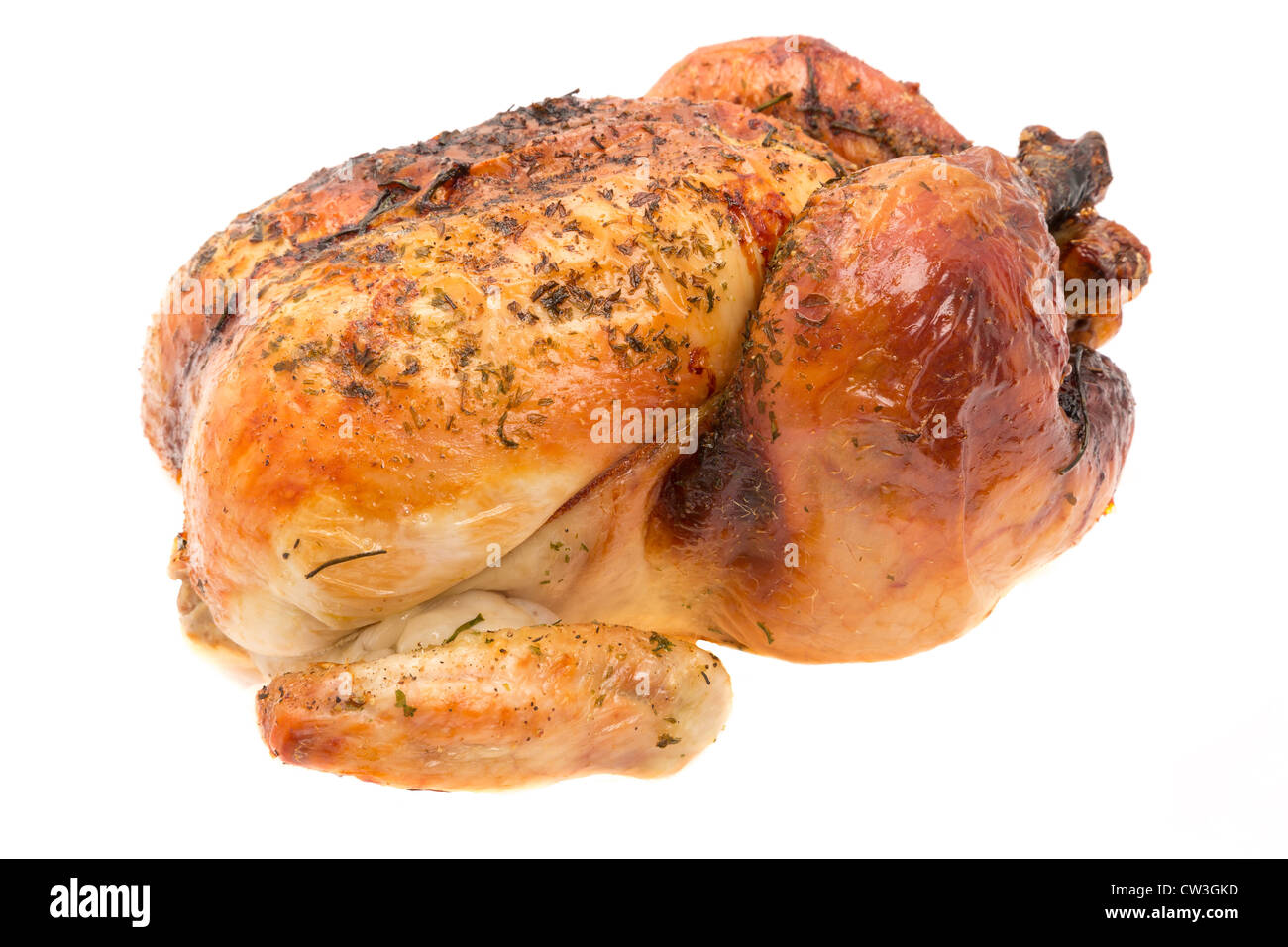 A ready to eat freshly roasted chicken - studio shot with a white background Stock Photo