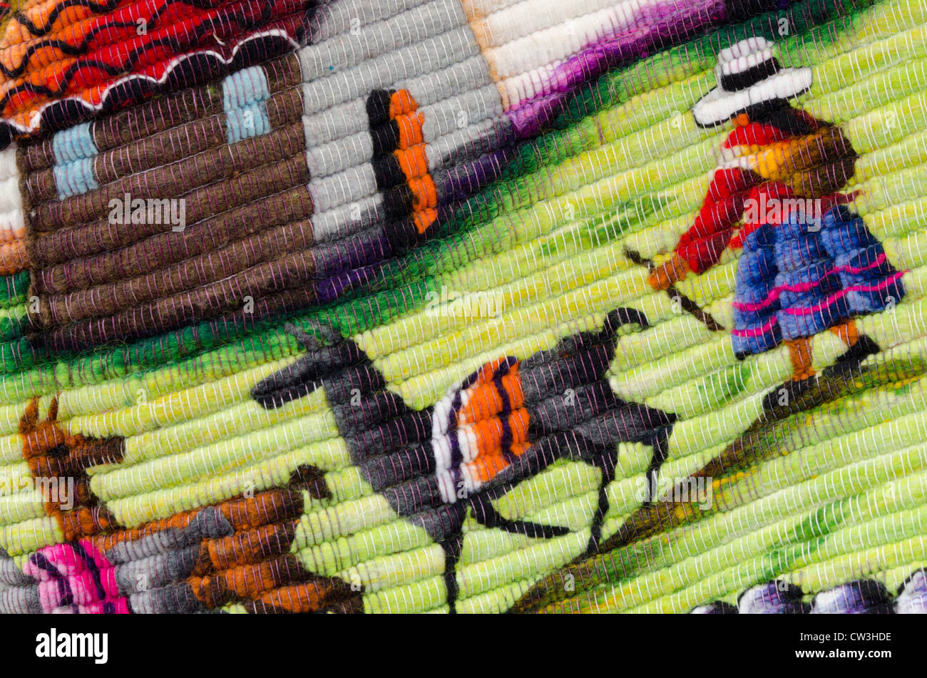 Ecuador, Quito area, Otavalo Handicraft Market. Detail of traditional wool souvenir rug. Stock Photo