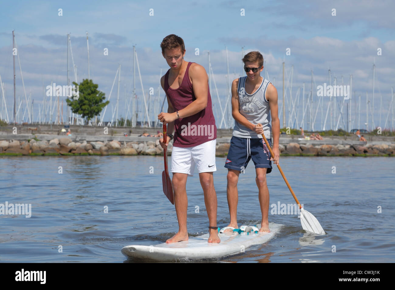 Two teenagers having fun stand up paddling on a windsurf board on a sunny summer day at the beach at Rungsted Harbour, Denmark. Paddleboarders Stock Photo