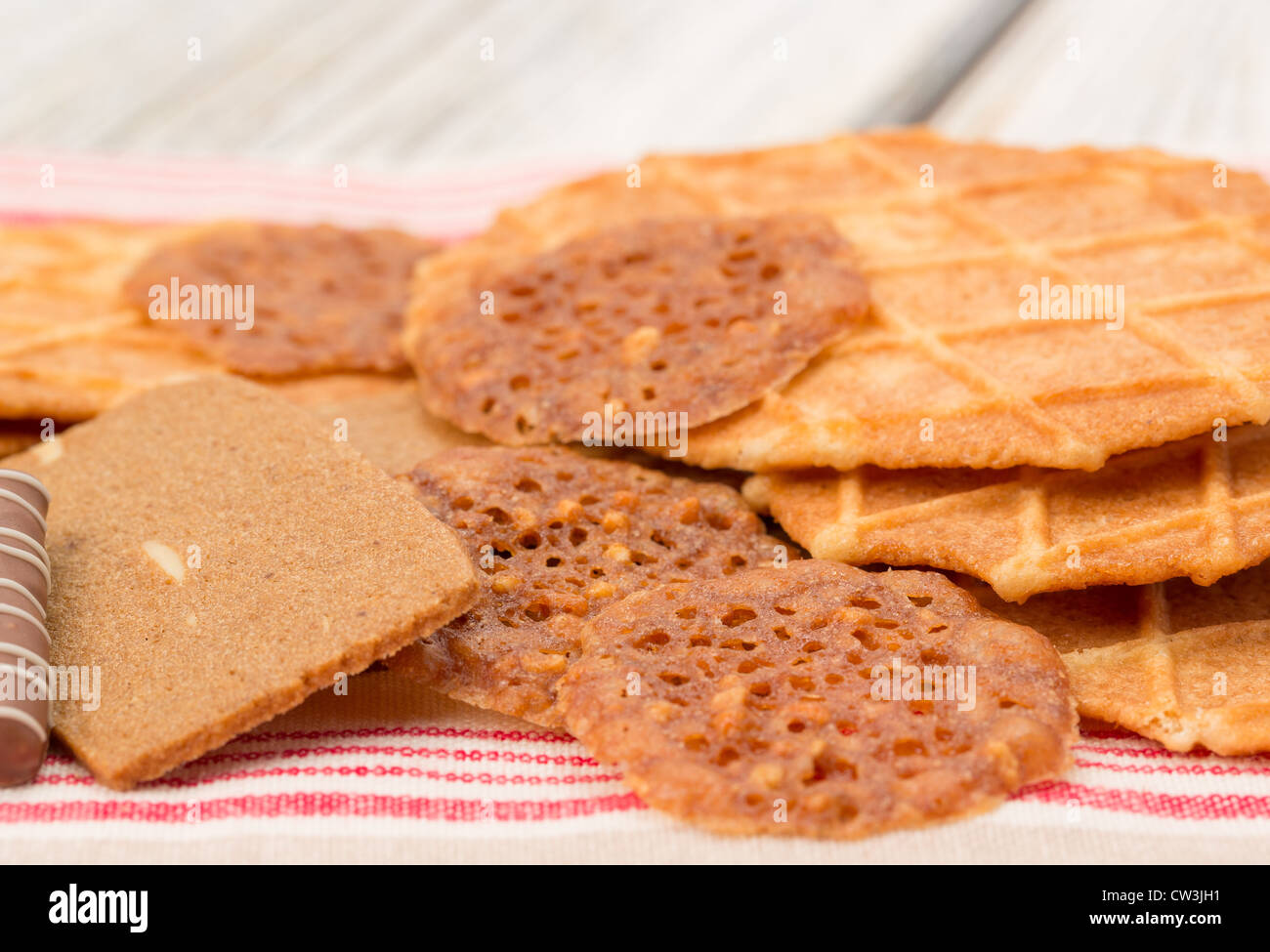 Close-up of a selection of traditional Belgian wafer waffle biscuits - studio shot Stock Photo