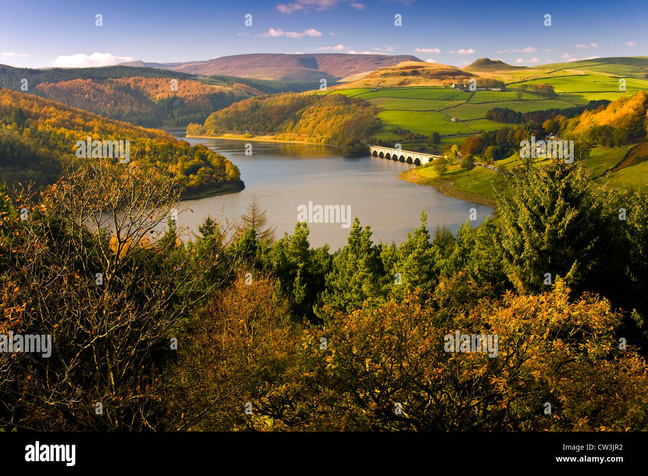 View over the Upper Derwent Valley from Bamford Edge on a bright autumn day, Peak District National Park, Derbyshire England UK Stock Photo