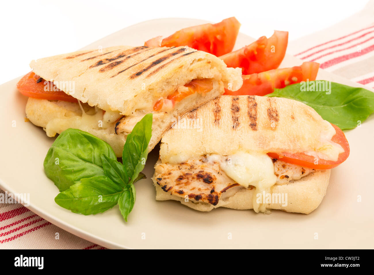 Toasted Chicken, tomato and mozzarella Panini sandwich that has been cut in half and placed on a plate - studio shot Stock Photo