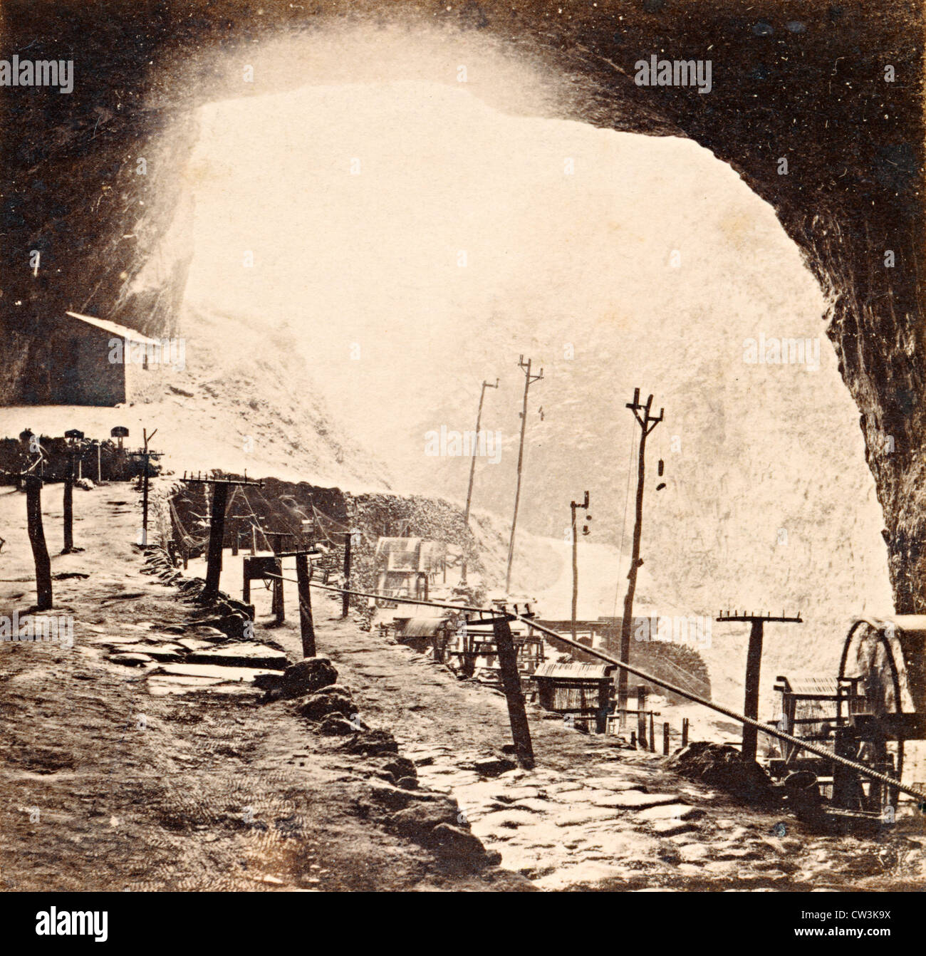Entrance to Peak Cavern with rope making equipment used in early 20th ...