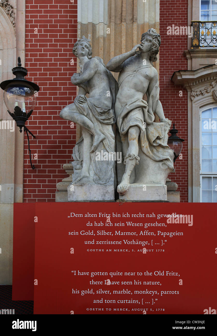 A quote of Goethe displayed at the entrance of the New Palace during the exhibition 'Friederisiko'. Sanssouci Park, Potsdam. Stock Photo
