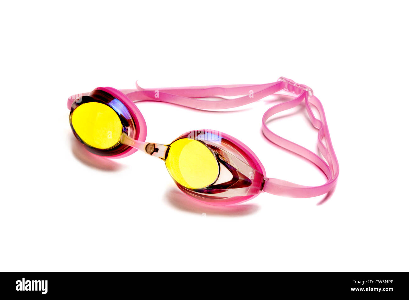 pink swim goggles with yellow lenses on white backgroiund Stock Photo