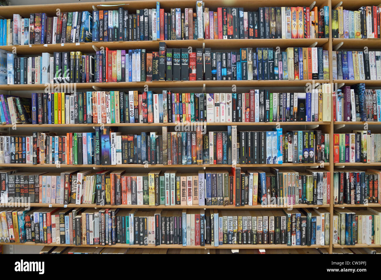 Shelves of books in second-hand bookstall, Newport Indoor Market, City of Newport (Casnewydd), Wales (Cymru), United Kingdom Stock Photo