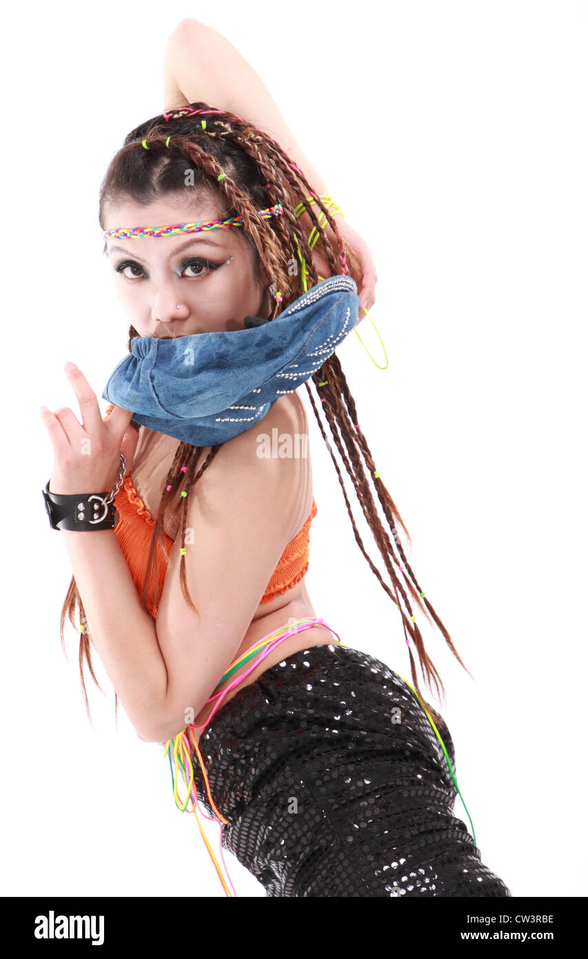 Cute girl in various dance costumes and fun poses. Stock Photo