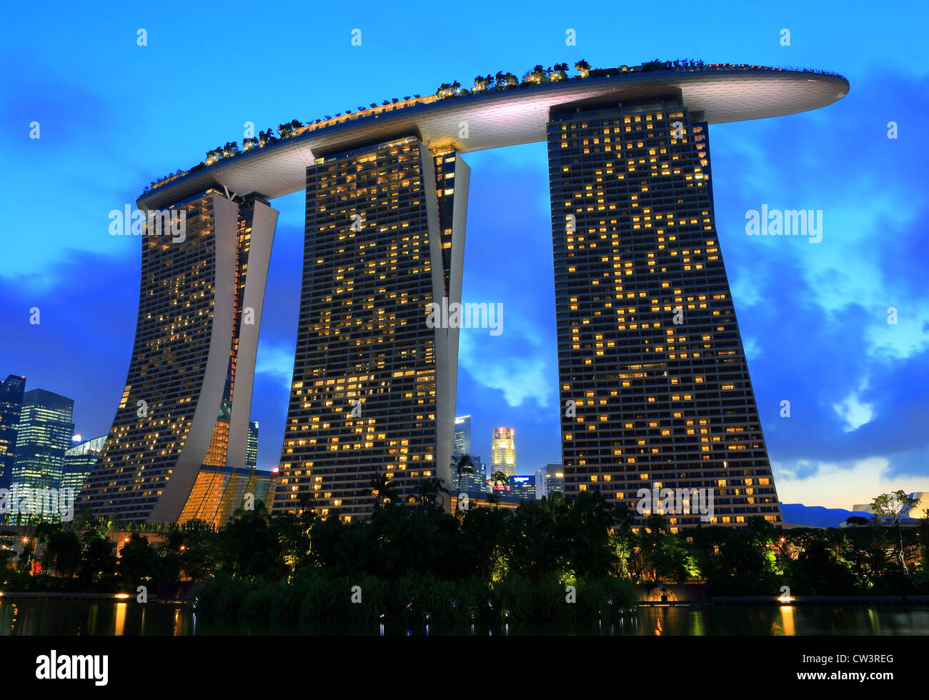 Marina Bay Sands and Skypark at dusk. Stock Photo