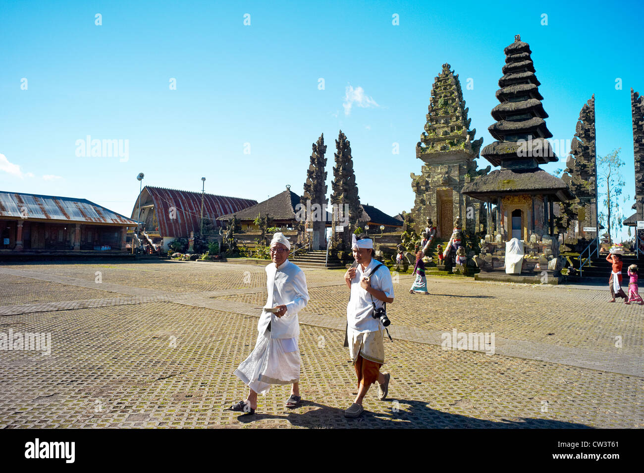 The Jero Gede of Mt Batur discusses his work on the temple grounds. Stock Photo