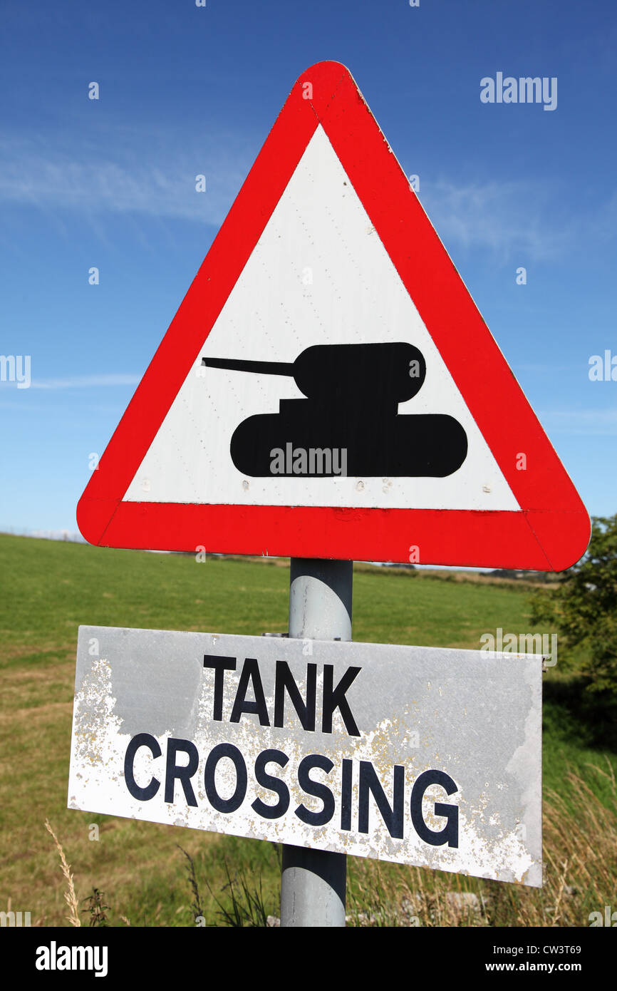 Unusual road sign Tank crossing Dundrennan ranges near Kirkcudbright south west Scotland UK Stock Photo
