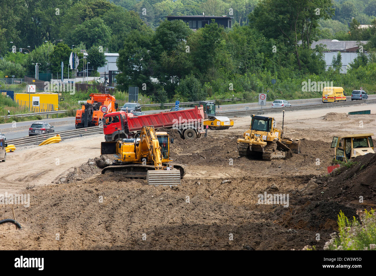 Construction site of Autobahn A40, motorway, highway.Extension, new traffic lanes. Stock Photo