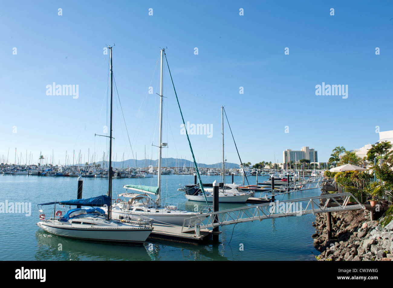 Breakwater Marina with yachts, sailboats, and motorboats at The Strand, the beach promenade of Townsville, Far North Queensland Stock Photo