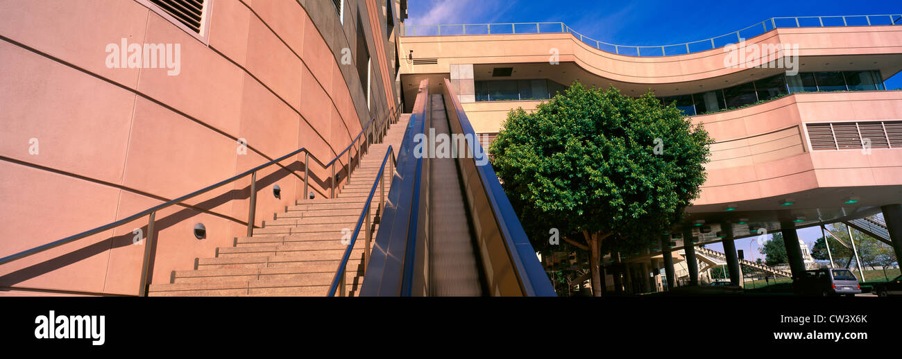 Panoramic view of escalator and stairs lead upwards in downtown Los Angeles, California Stock Photo
