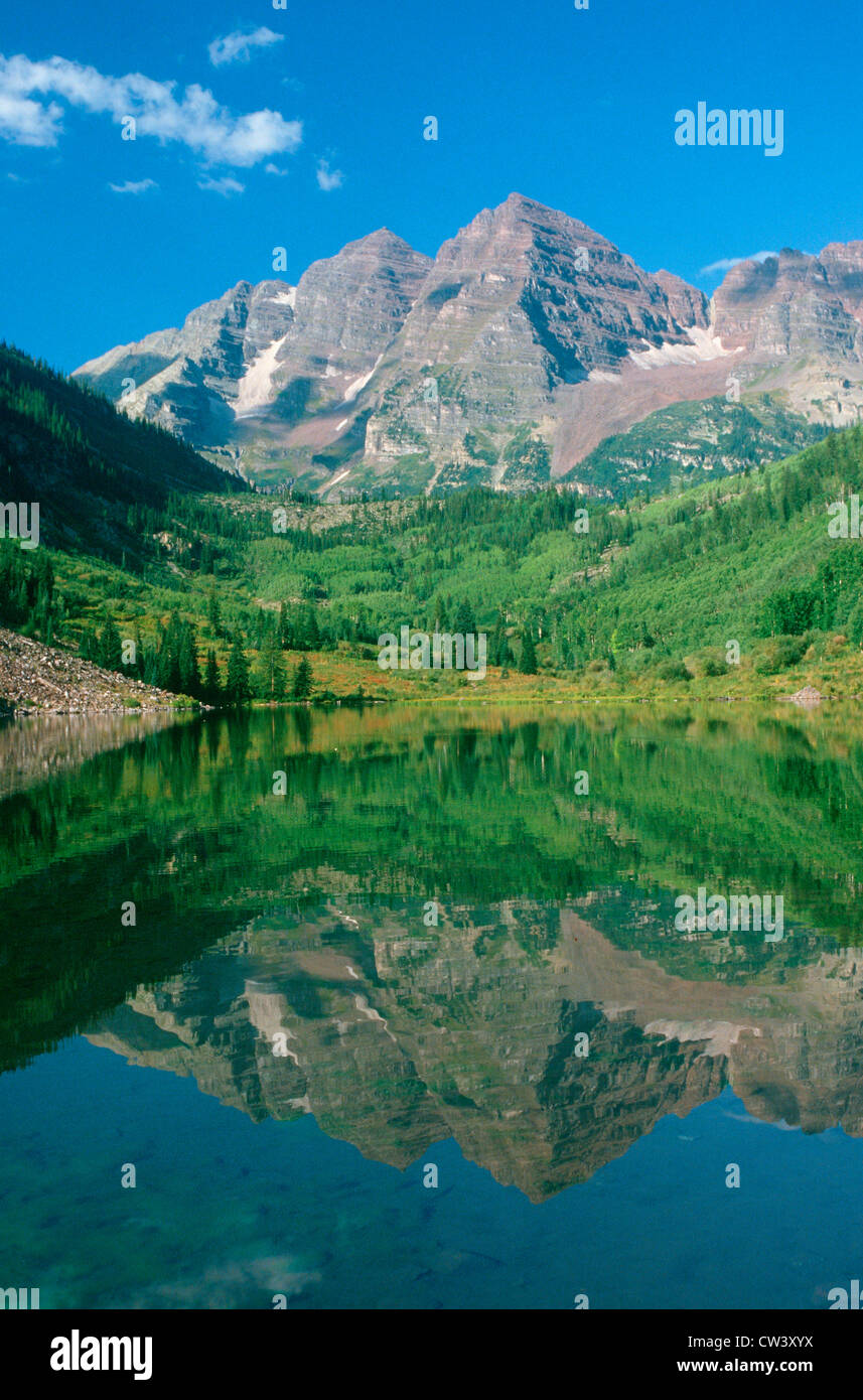Reflection of Maroon Bell Mountain in Maroon Lake, Colorado Stock Photo