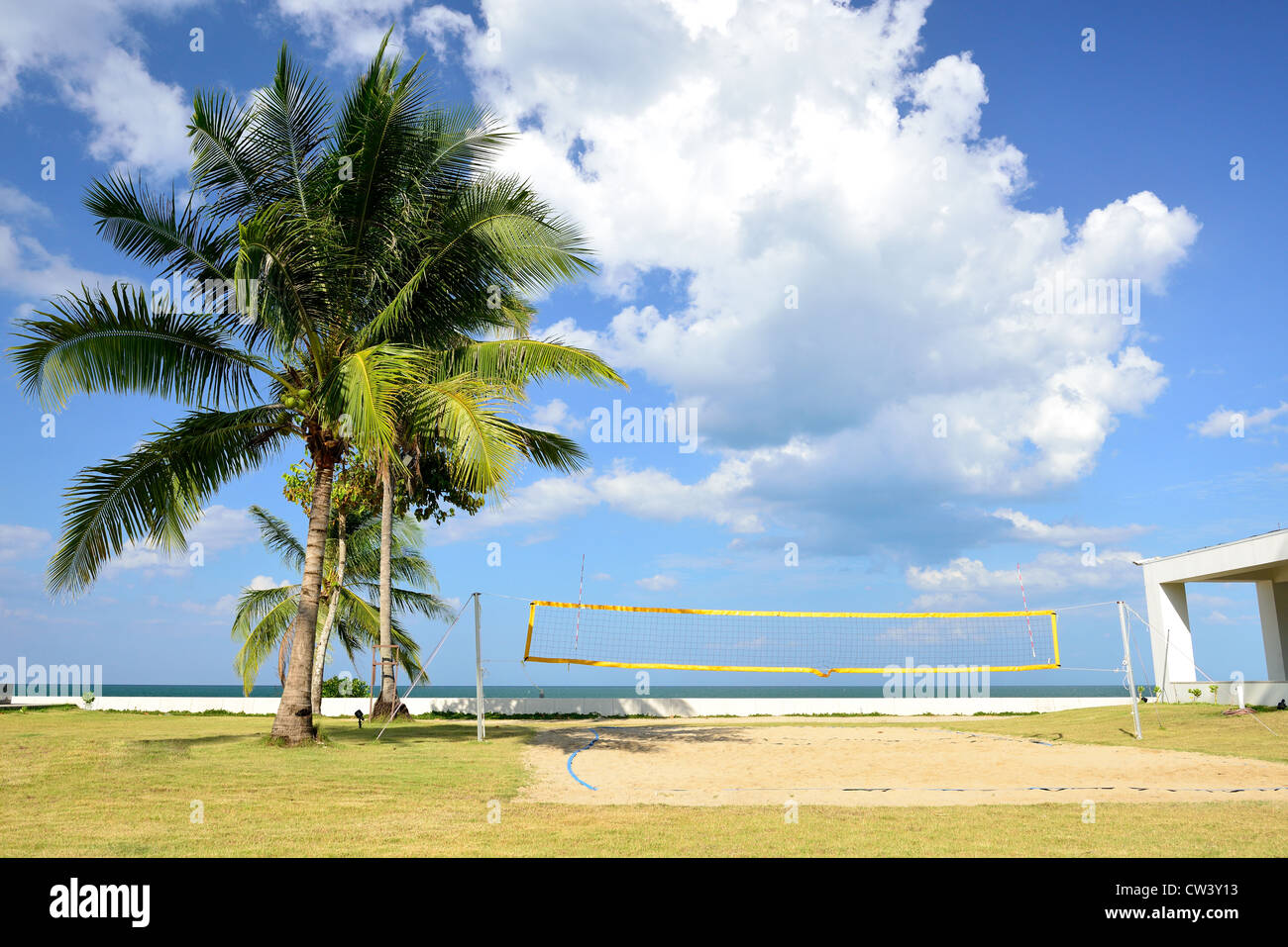 The beach volleyball field have blue sky to be background. Stock Photo