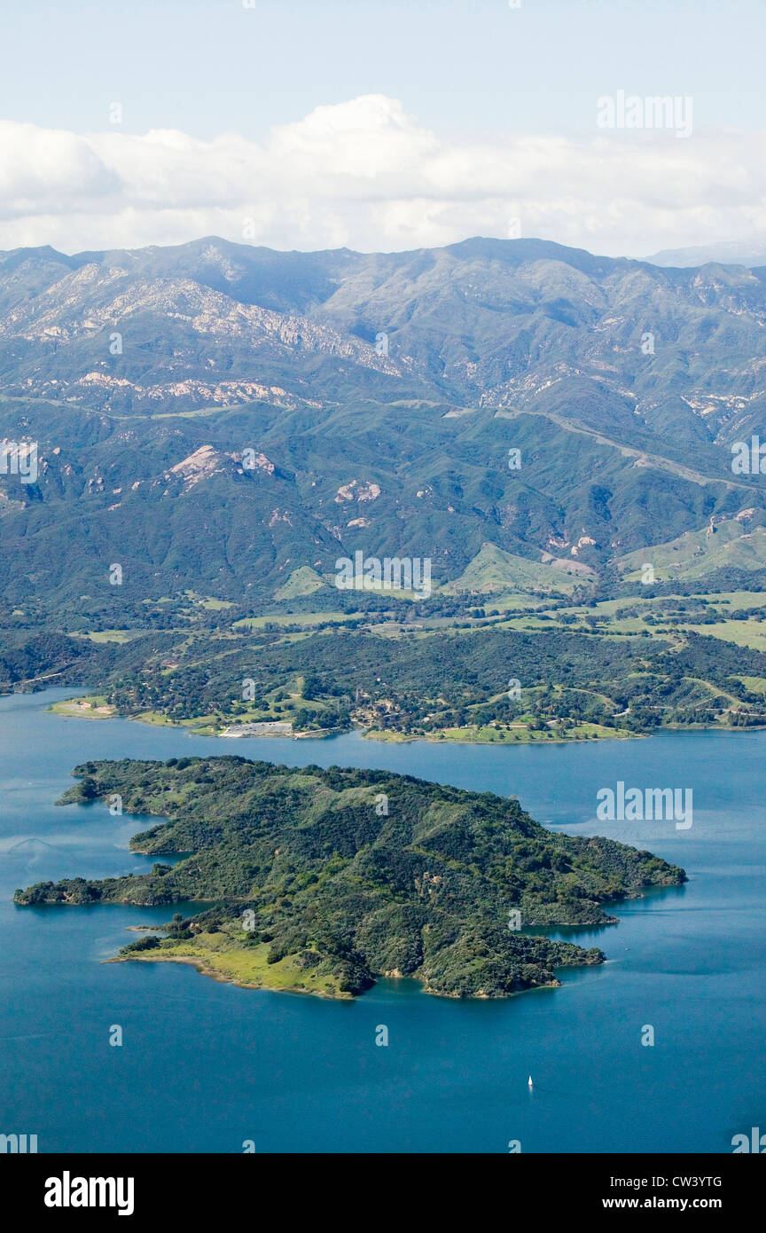 Aerial view of lake island within Lake Casitas in spring in Ventura County, Ojai, California