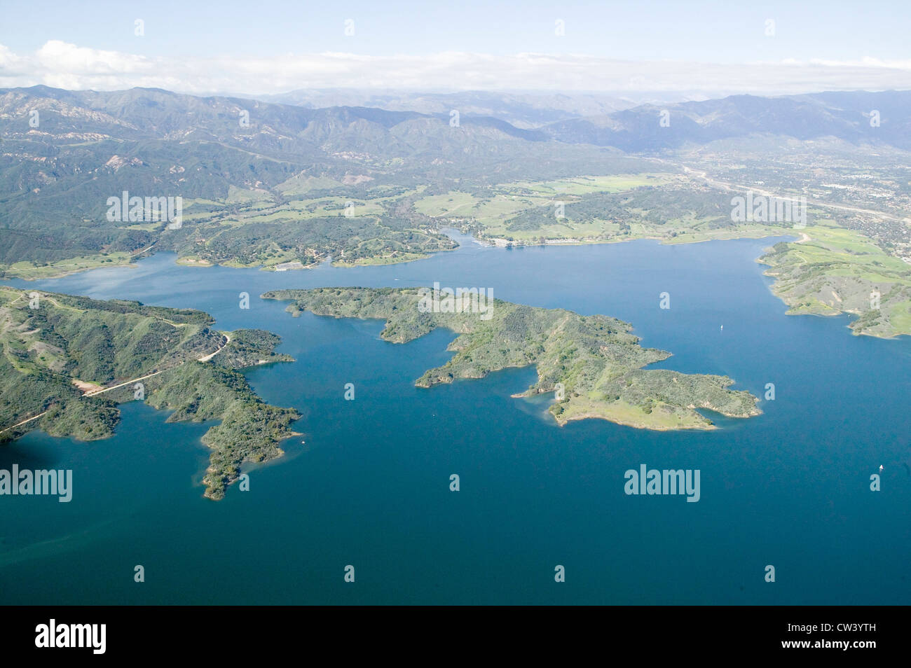 Aerial view of lake island within Lake Casitas in spring in Ventura County, Ojai, California