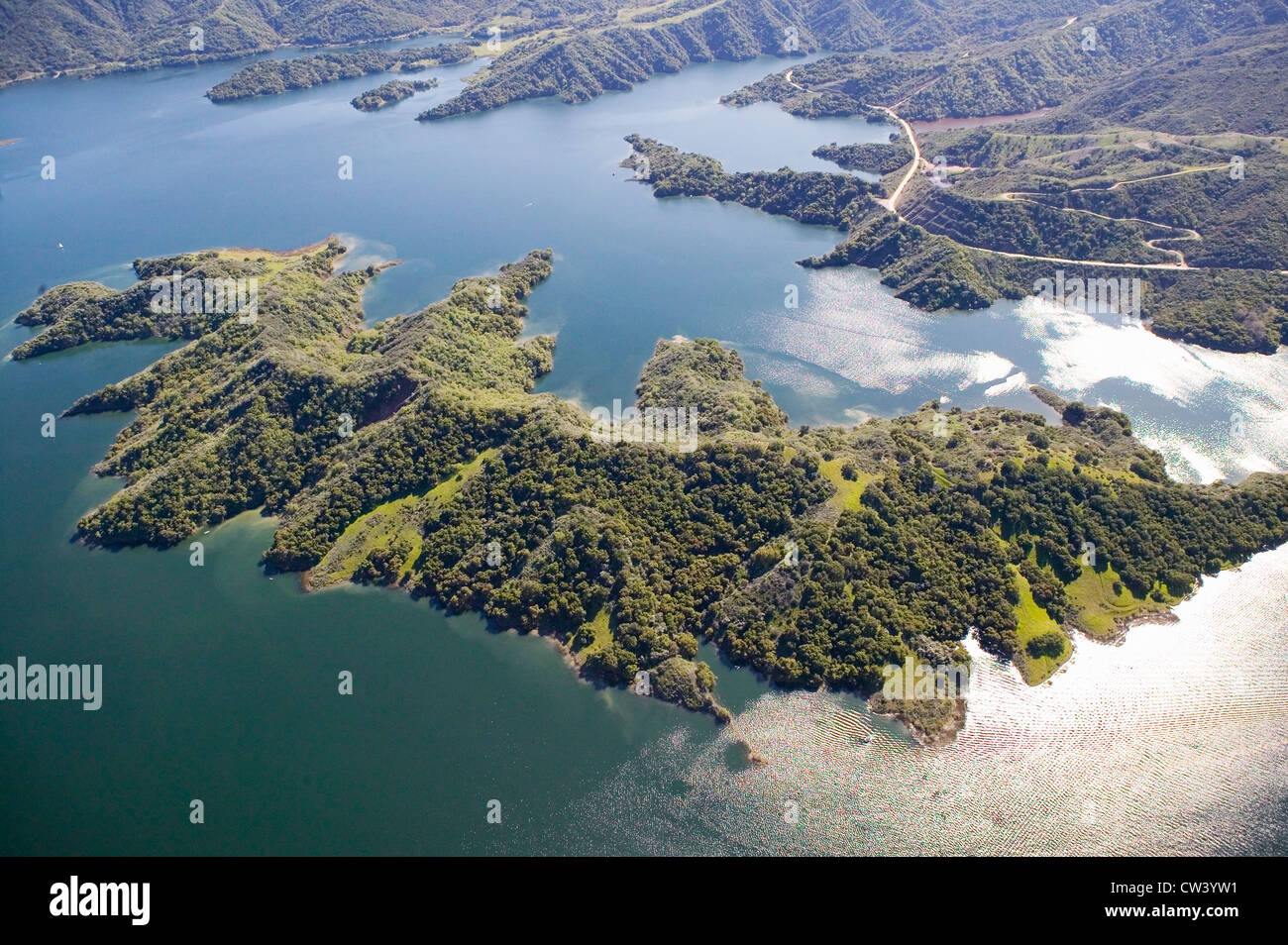 Aerial view of lake island within Lake Casitas in spring in Ventura County, Ojai, California