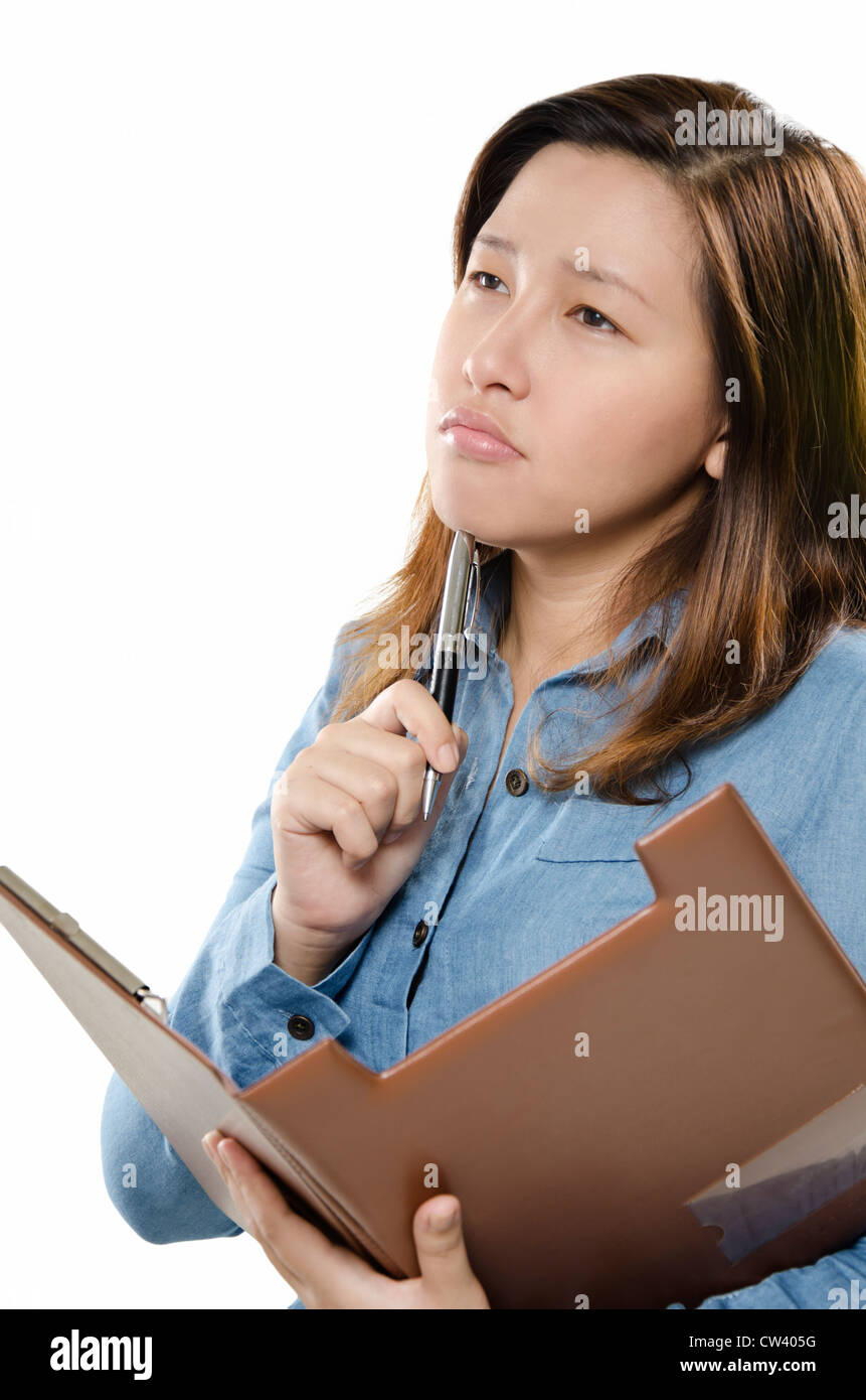 Thinking woman pen file hi-res stock photography and images - Alamy
