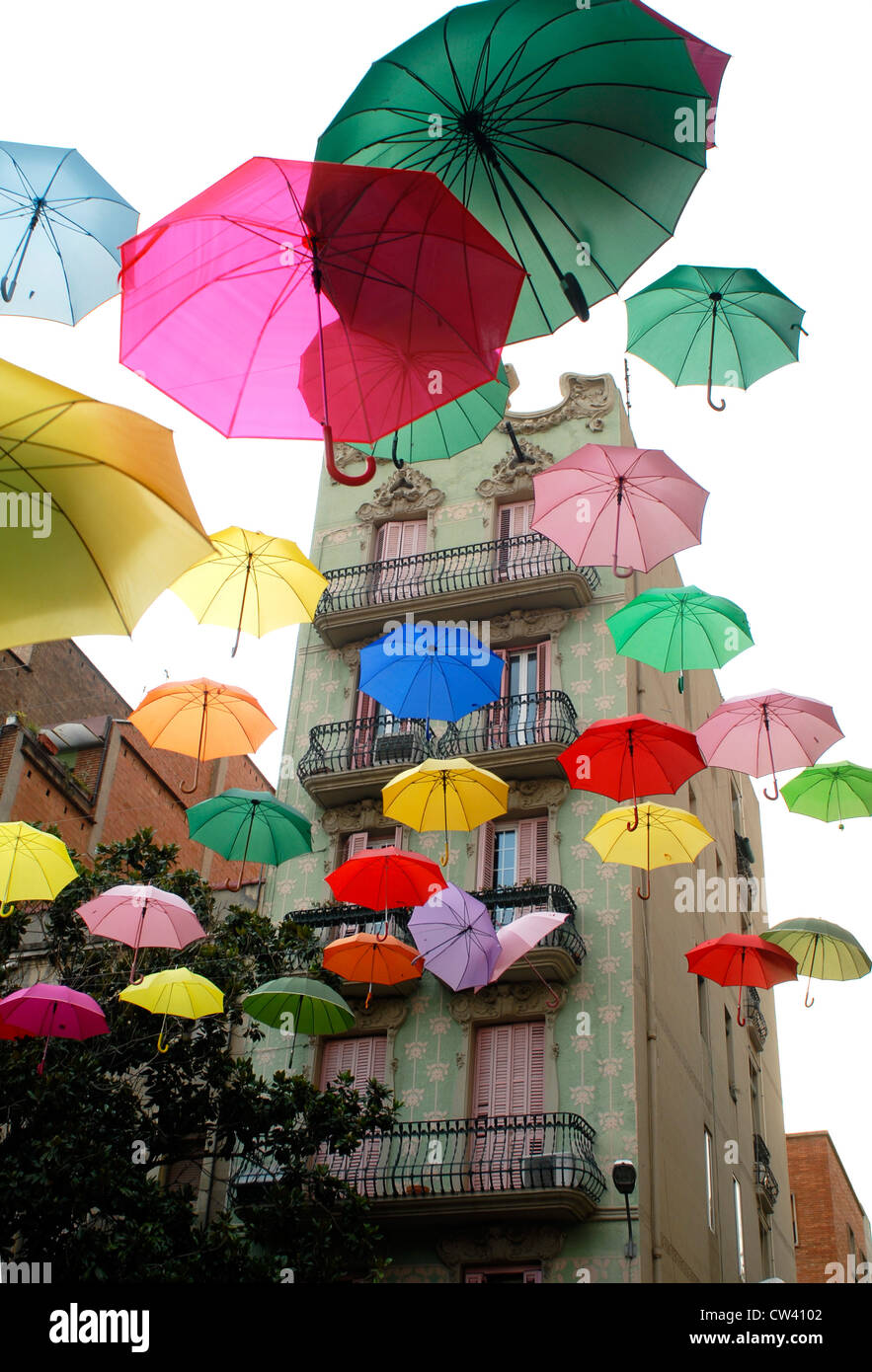 Installation of umbrellas at Plaza del Sol, Gracia, Barcelona, for the Sony Spot Umbrella Stock Photo