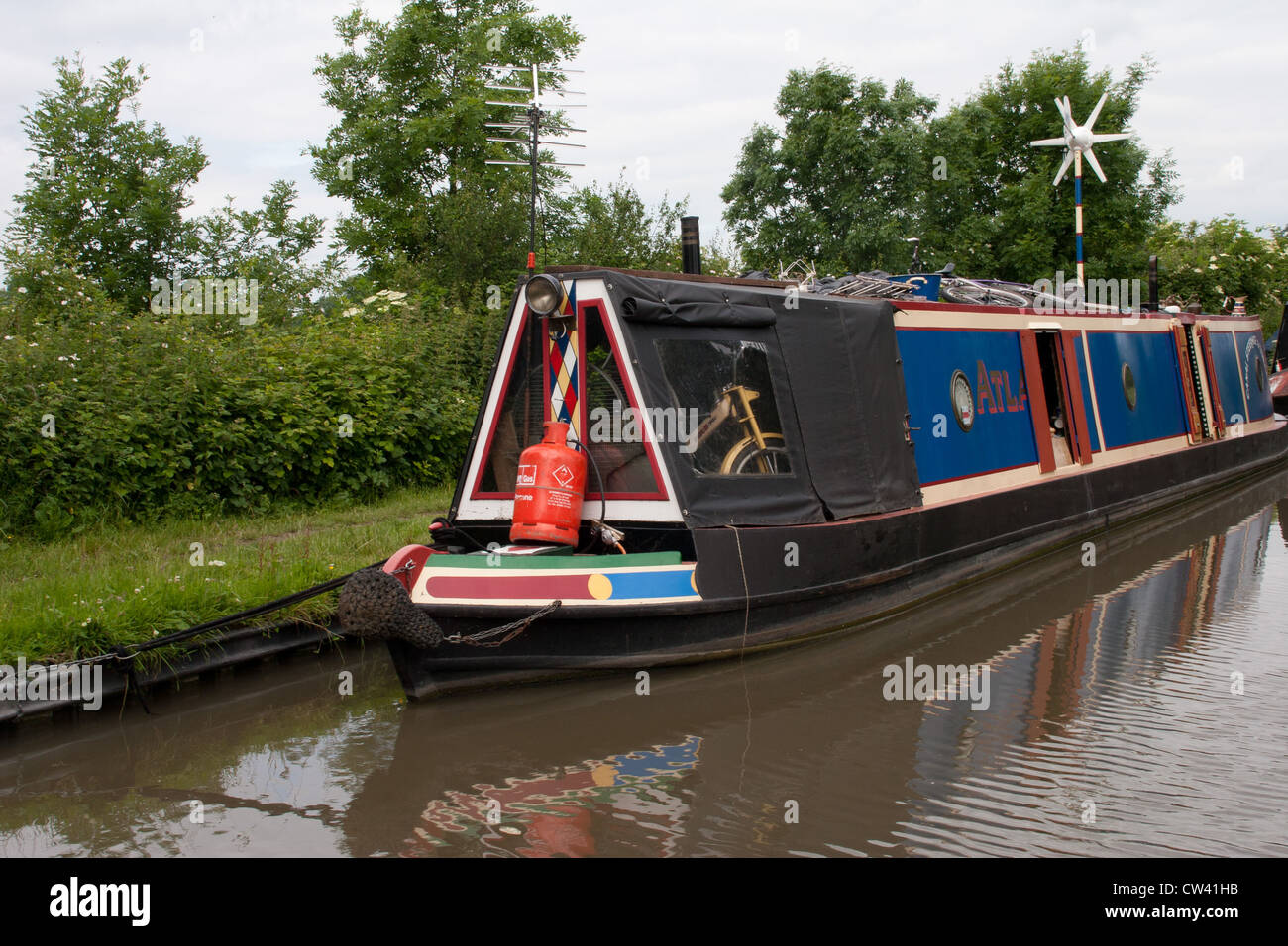 Energy saving wind power - electricity generator on a narrow boat  on the Oxford canal. Stock Photo