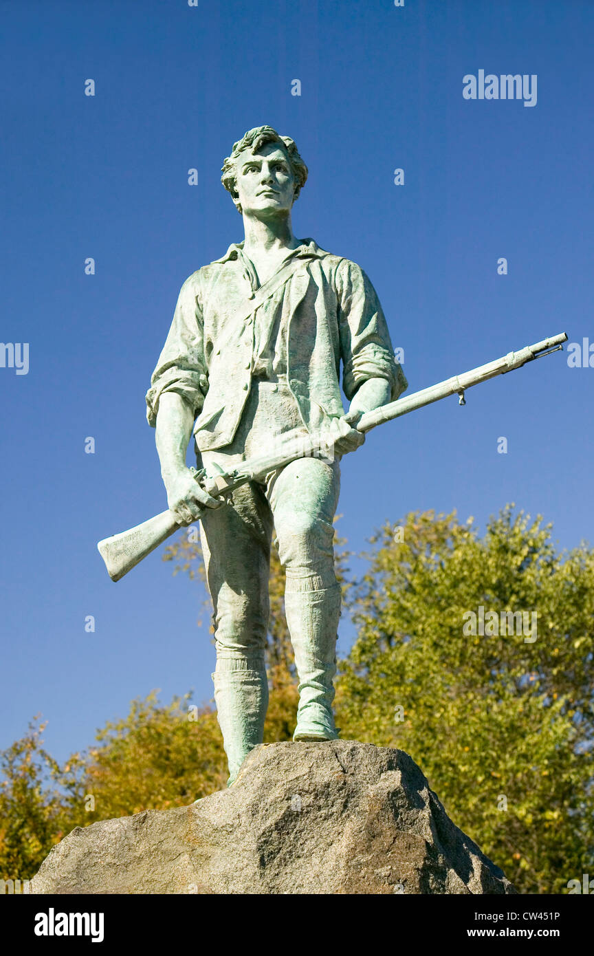 Minuteman soldier from Revolutionary War greets visitors to Historical Lexington, Massachusetts, New England Stock Photo