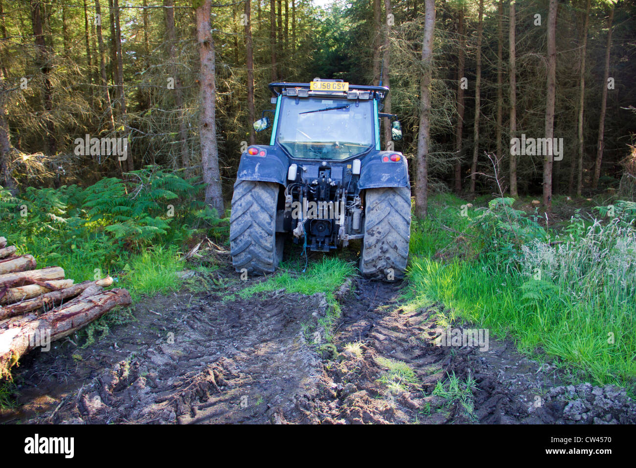 Tractor used in Logging in Mindork Forest in Galloway Scotland Stock