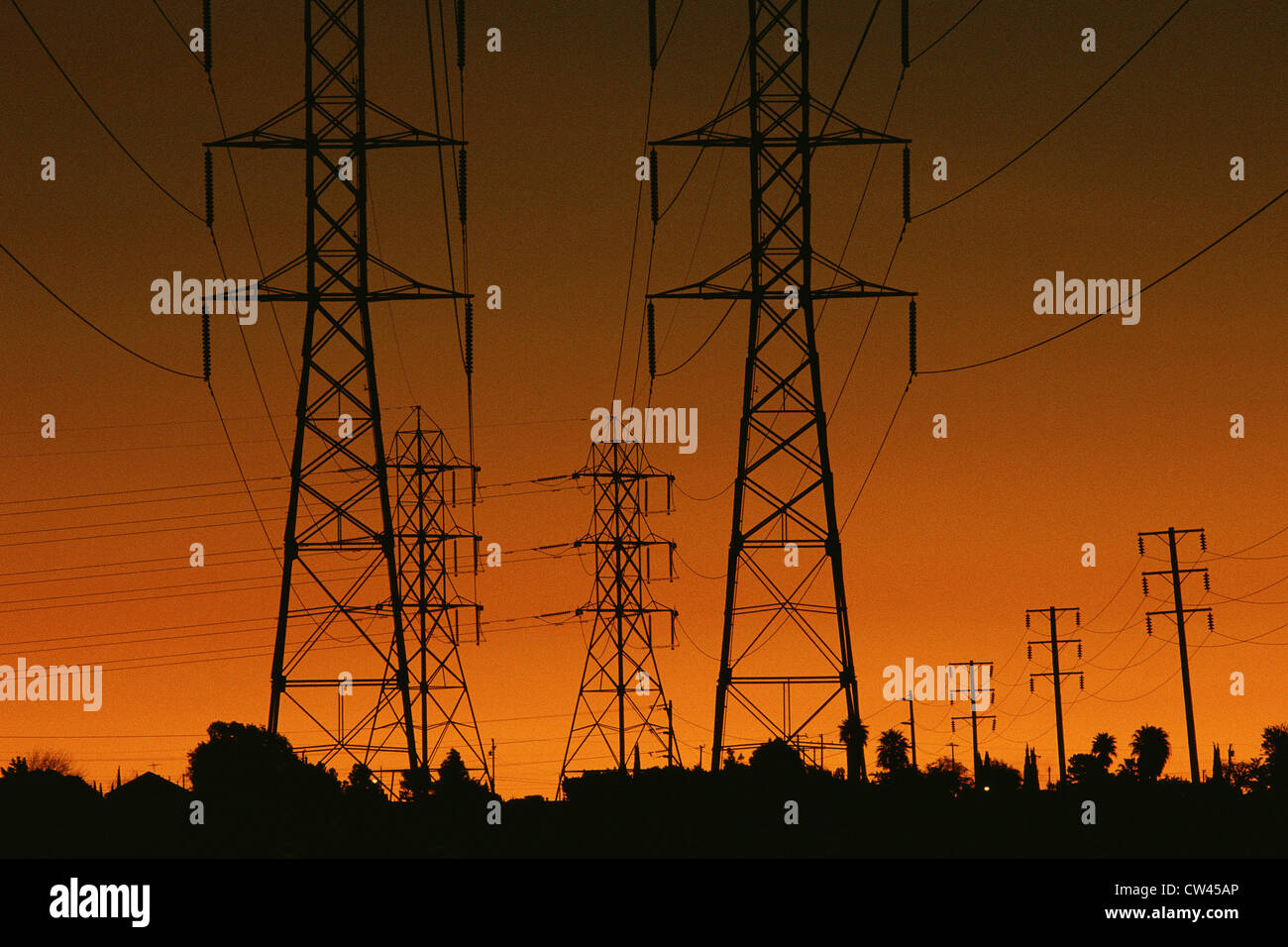 Power lines silhouetted by setting sun Stock Photo - Alamy