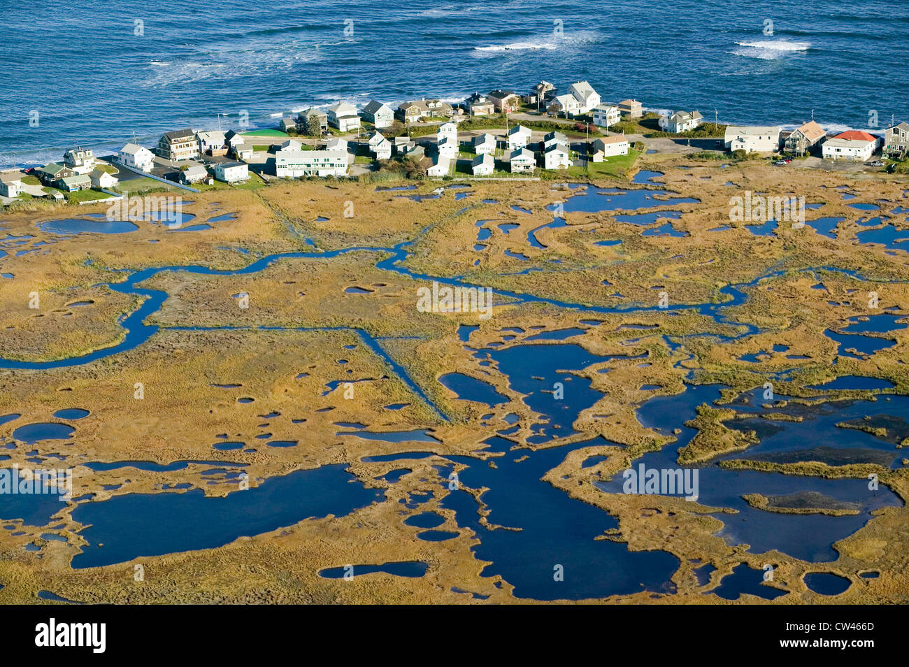 Aerial view of marsh and Rachel Carson Wildlife Sanctuary in Wells, south of Portland, Maine Stock Photo