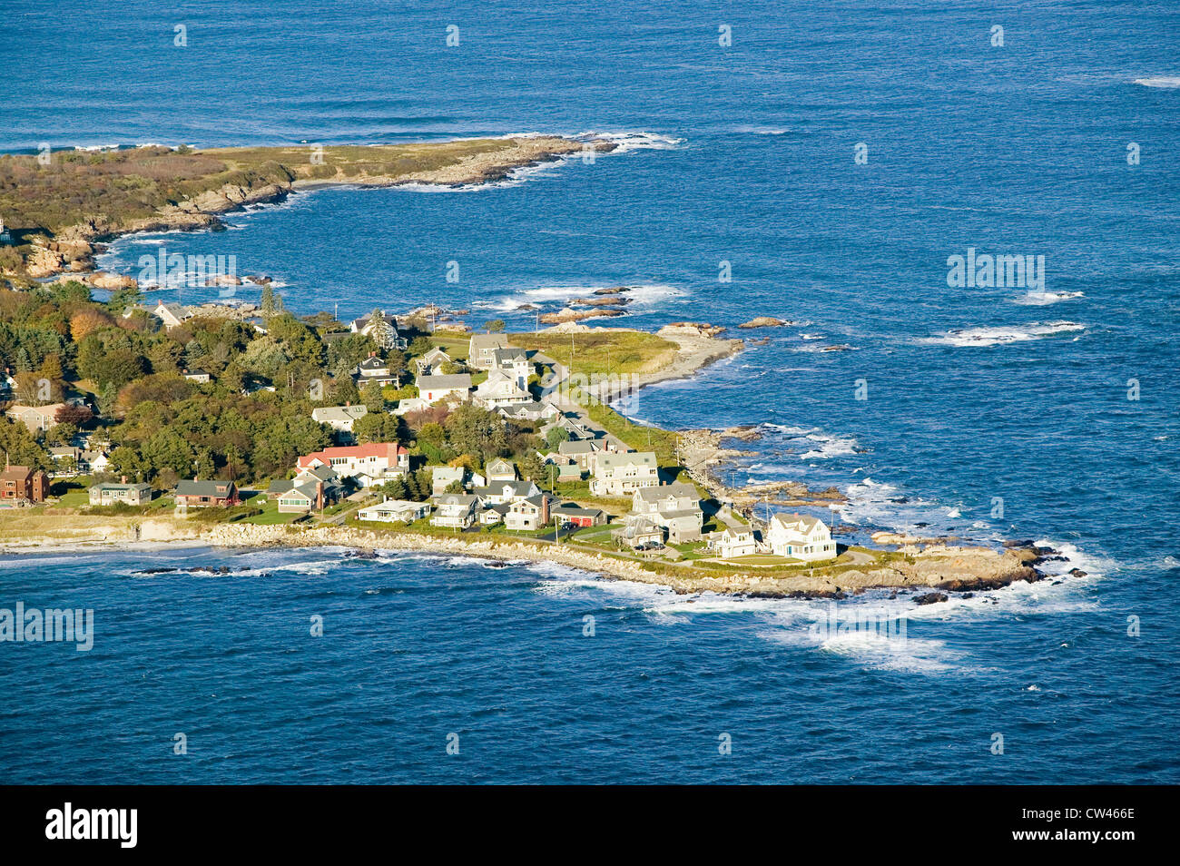 Aerial view of oceanfront homes on coast of Maine, near WalkerPoint
