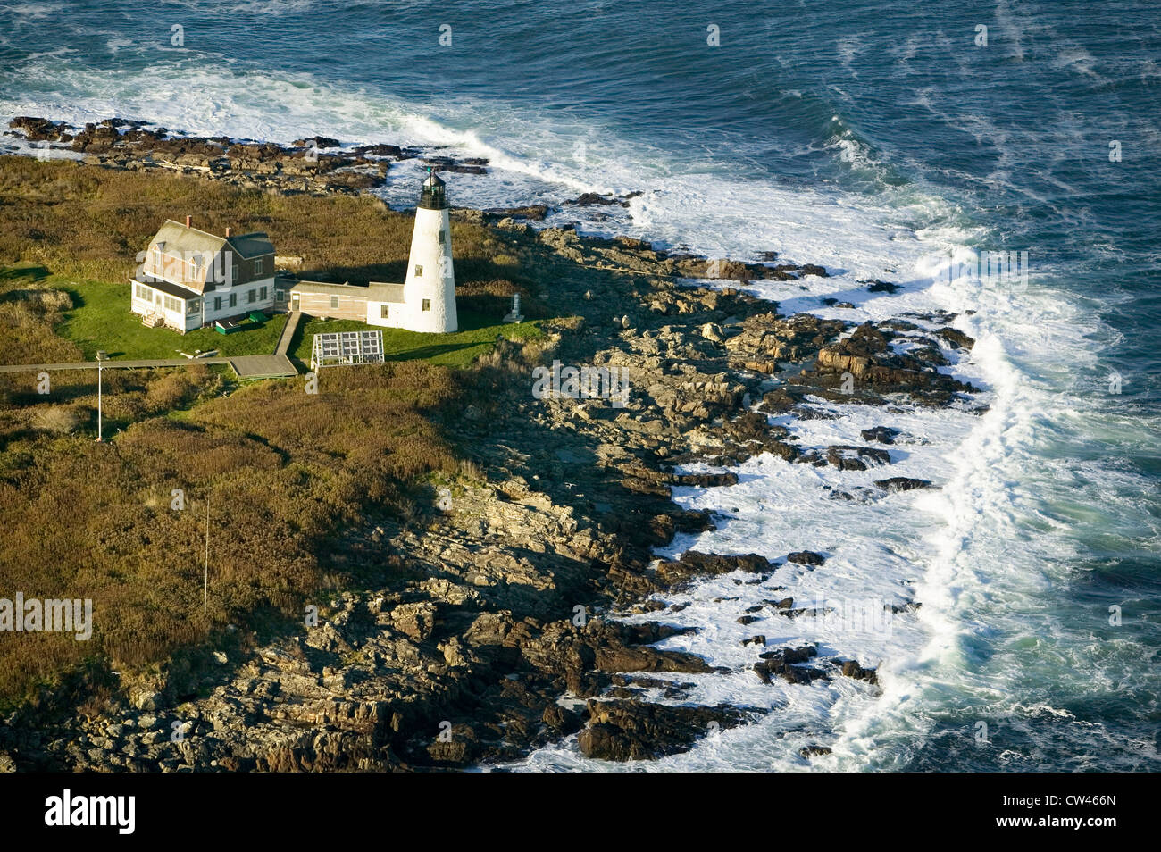 Aerial view of Wood Island Lighthouse on Maine coastline, Biddeford Pool, south of Portland