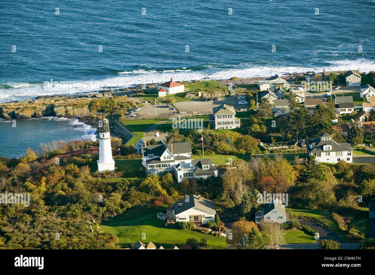 Aerial view of Two Lights Lighthouse on the oceanfront in Cape