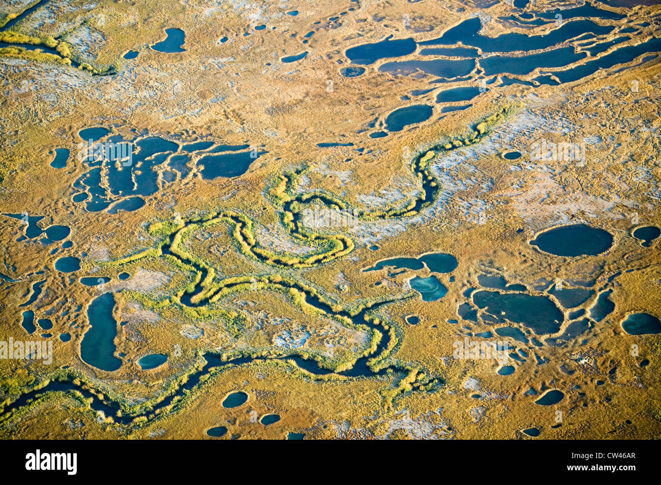 Aerial view of marsh, wetland abstraction of salt and seawater, and Rachel Carson Wildlife Sanctuary in Wells, Maine Stock Photo