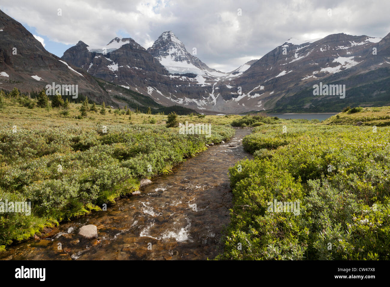 Canada, Mount Assiniboine Provincial Park, Mt. Assiniboine, Magog Creek and Lake, Mt. Magog and Mt. Strom Stock Photo