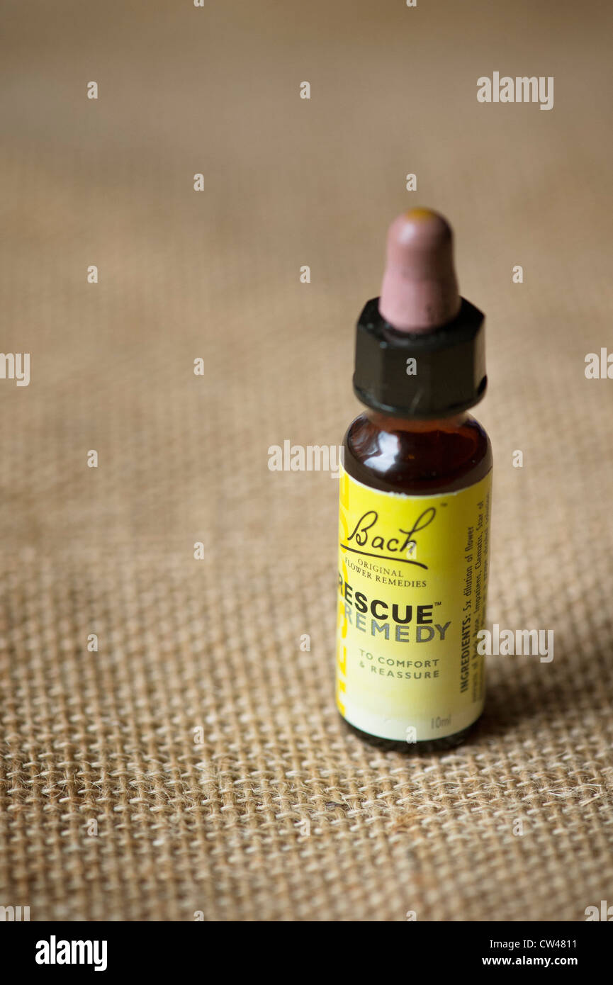 Bach flower essence bottle on hessian. Rescue Remedy Stock Photo