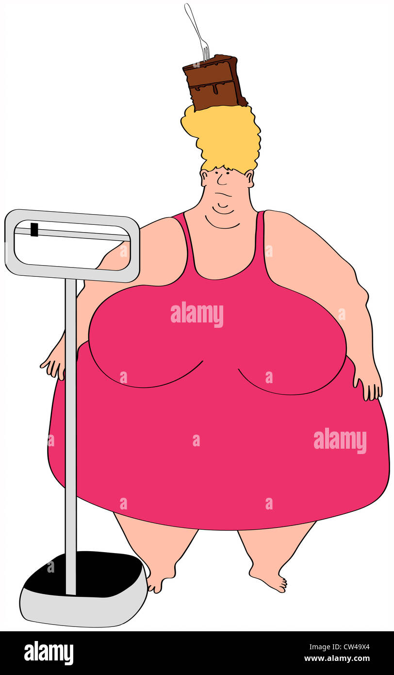 Overweight woman standing near weight scale with piece of cake on head, illustration Stock Photo