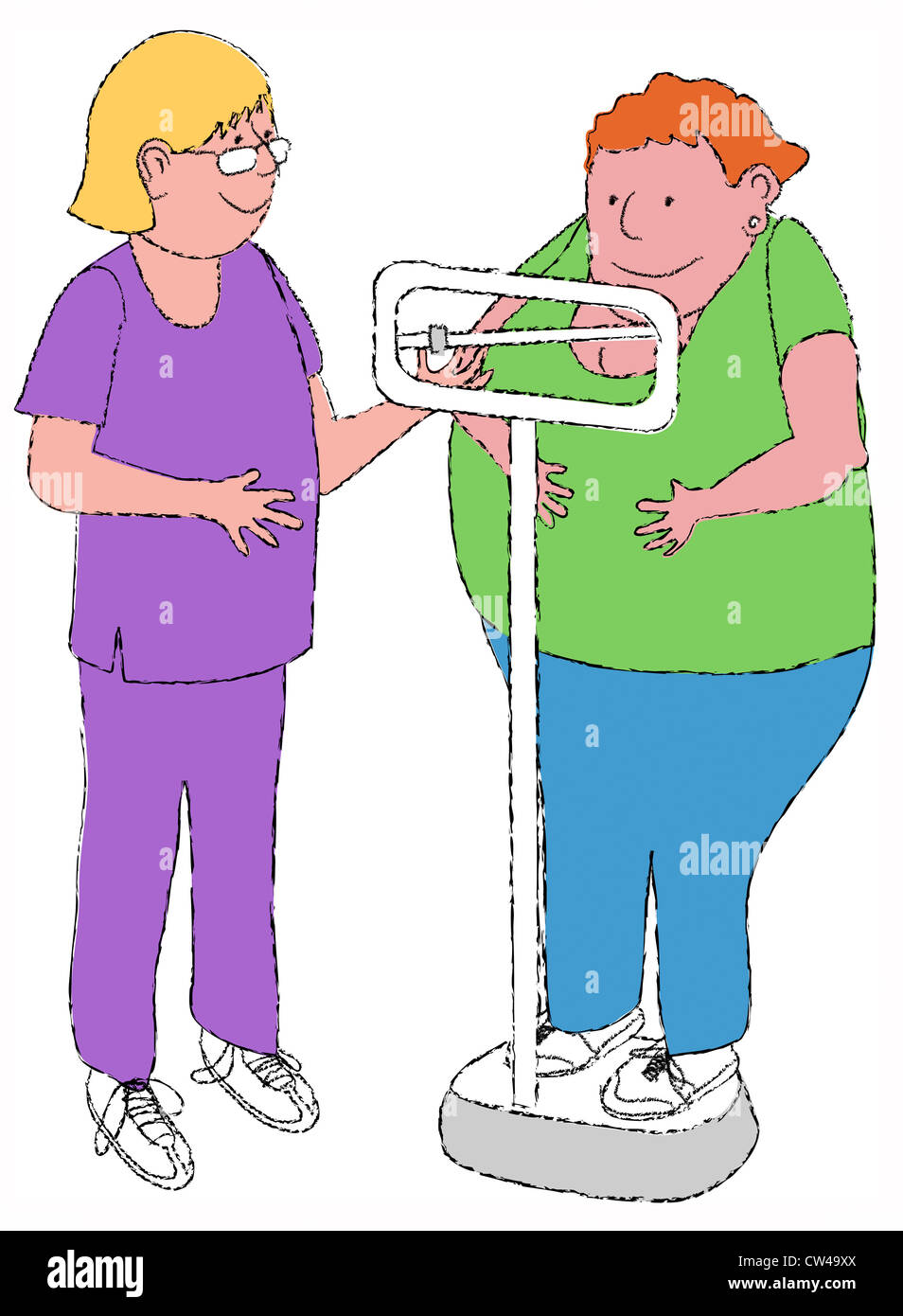 Female nurse checking woman's weight, illustration Stock Photo - Alamy