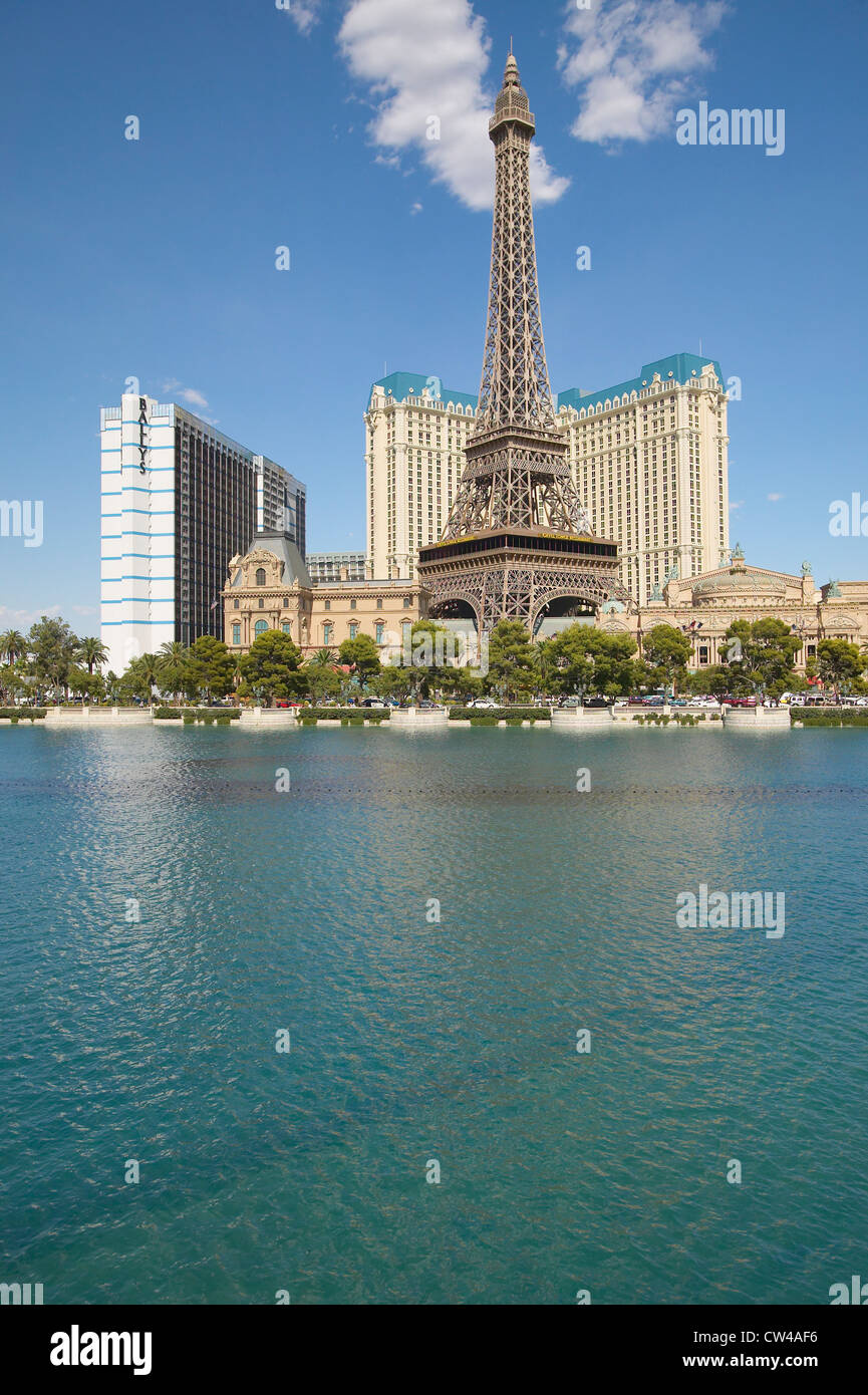 Water fountain display at Bellagio Casino with Paris Casino and Eiffel Tower in Las Vegas, NV Stock Photo