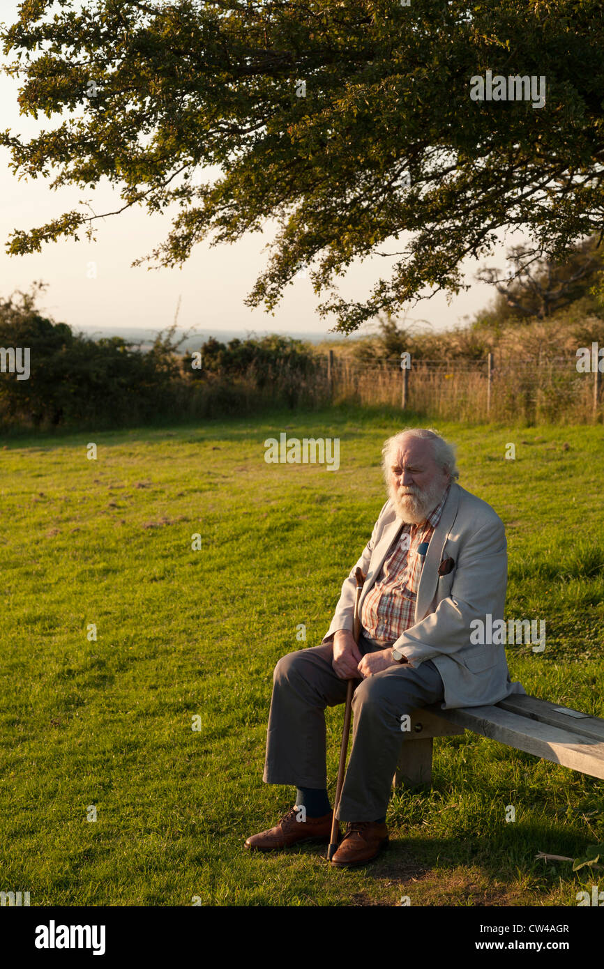Elderly gentleman sat on bench in country park enjoying evening sunshine Stock Photo