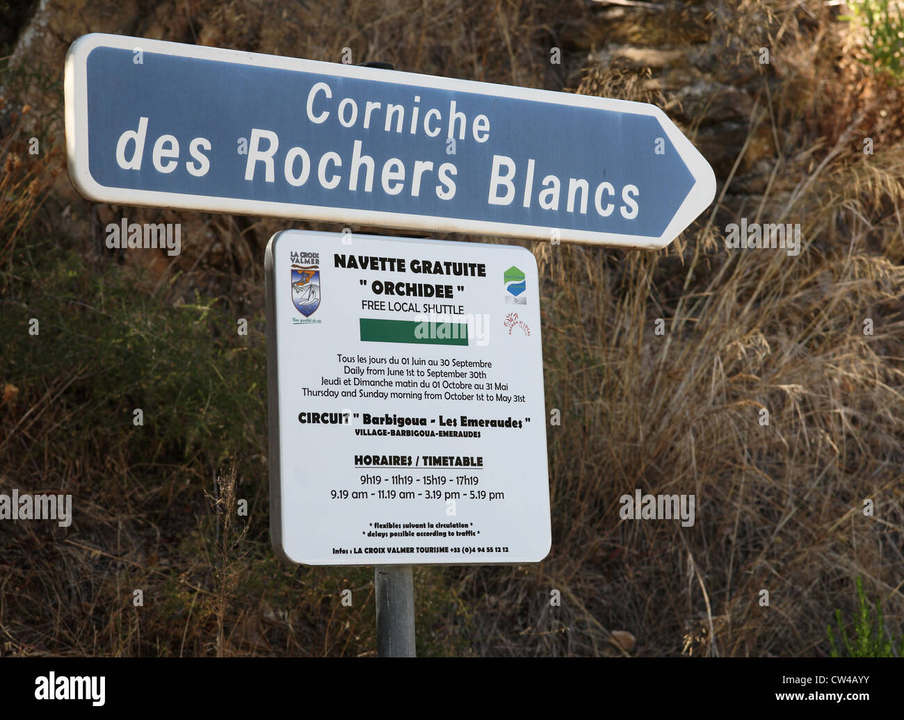 multi lingual bus stop sign in the south of france Stock Photo