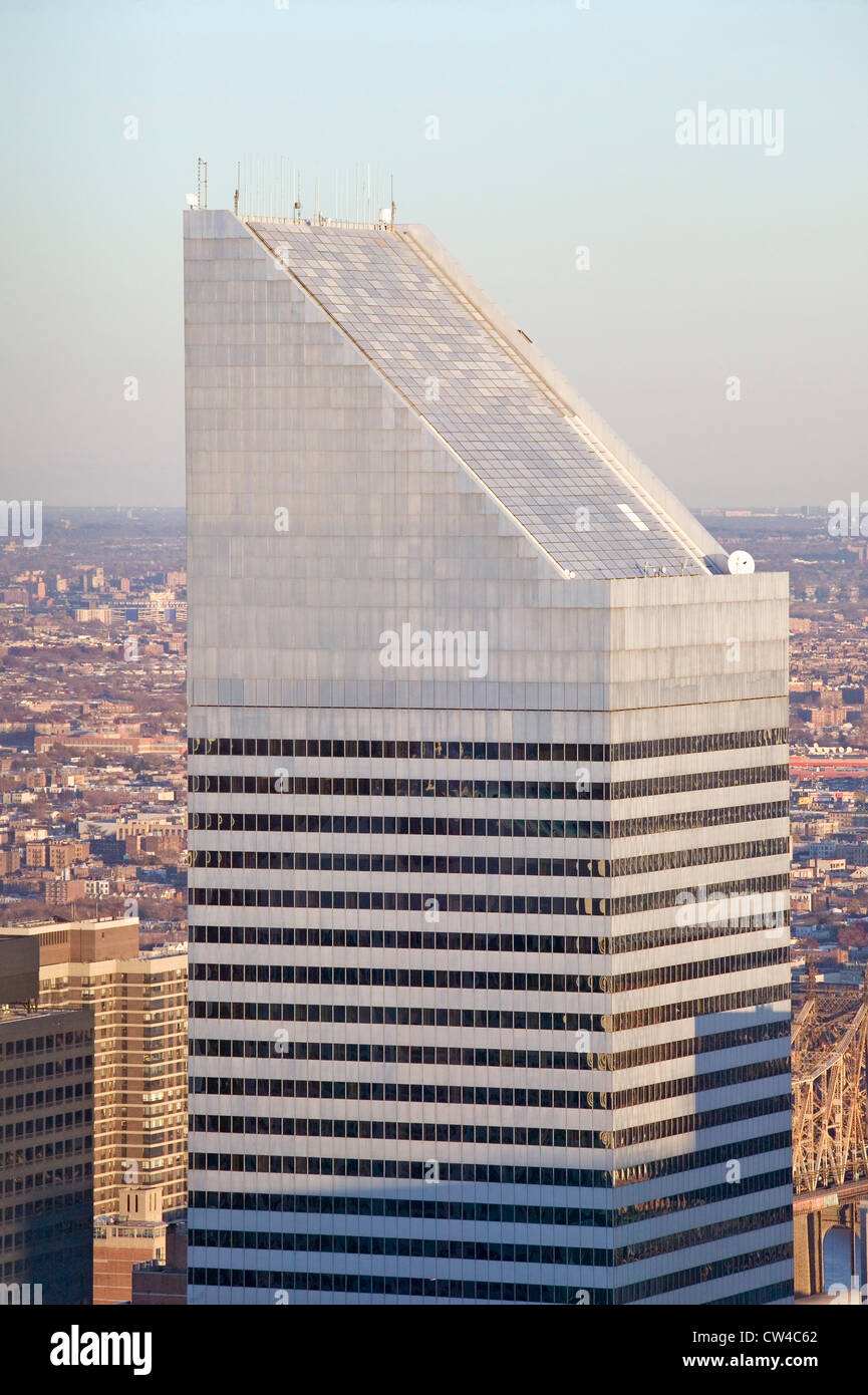 Tight aerial shot of City Group building at sunset on top of Rockefeller Center, ?Top of the Rock? in New York City, New York Stock Photo