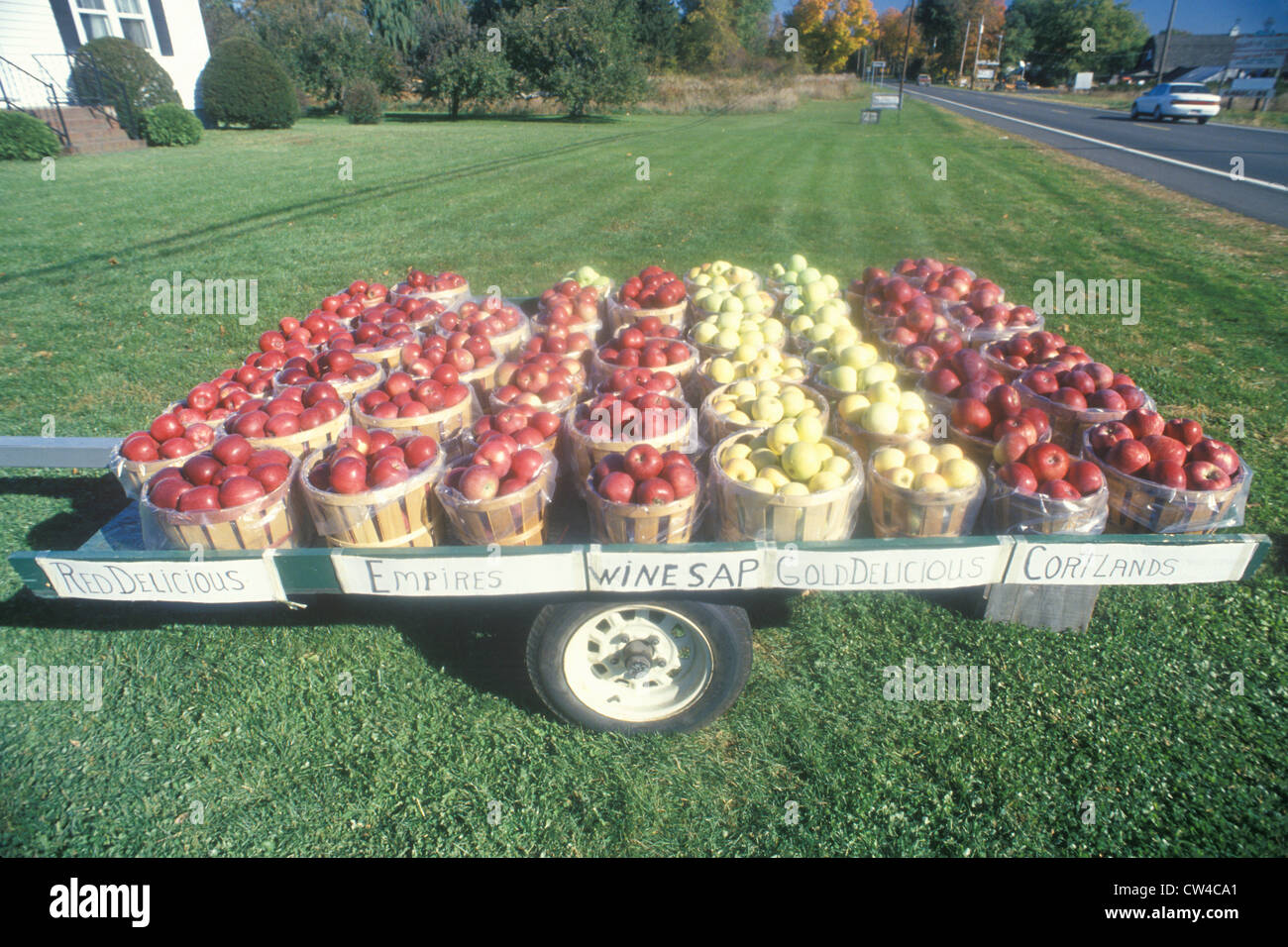 Apple baskets sitting on a trailer by the roadside in Clermont, NY