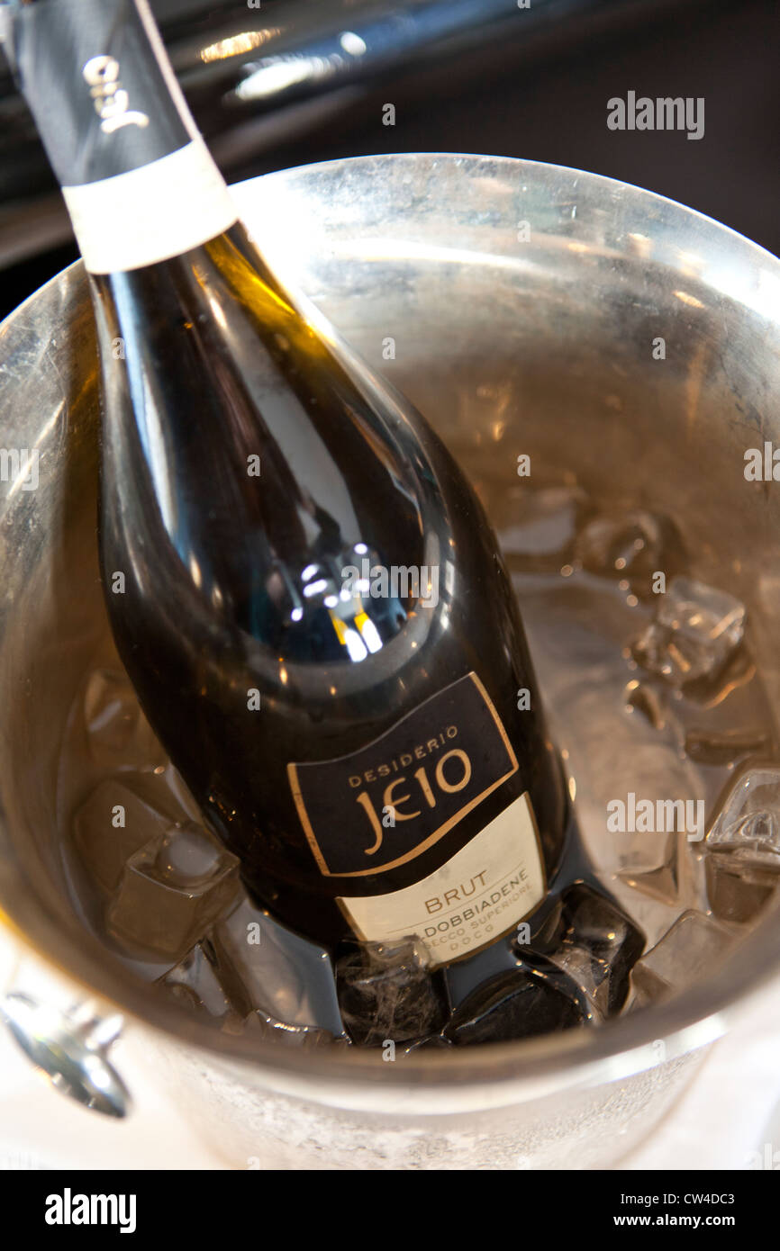 Champagne bottle in ice bucket Stock Photo