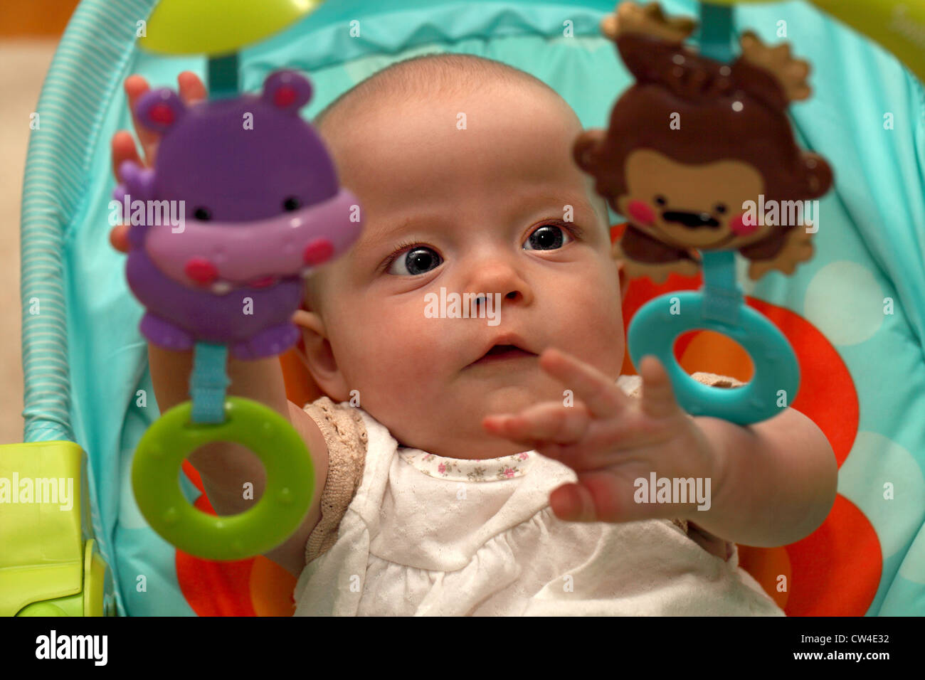 A six month old baby attempting to play with mobiles attached to her baby chair Stock Photo
